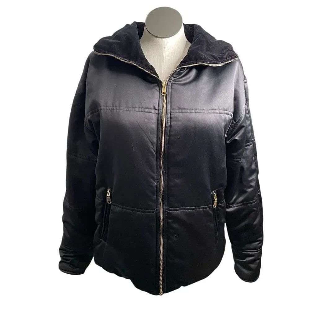 Vtg Metropolitan NY Womens Reversible Satin Velvet Parka M Black Holiday Evening